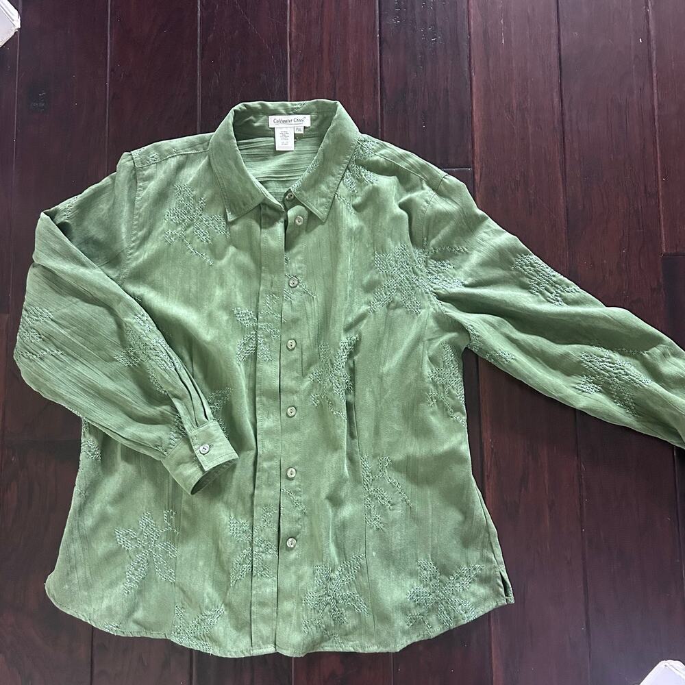Coldwater Creek green Faux Suede embroidered button up western shirt Petite XL